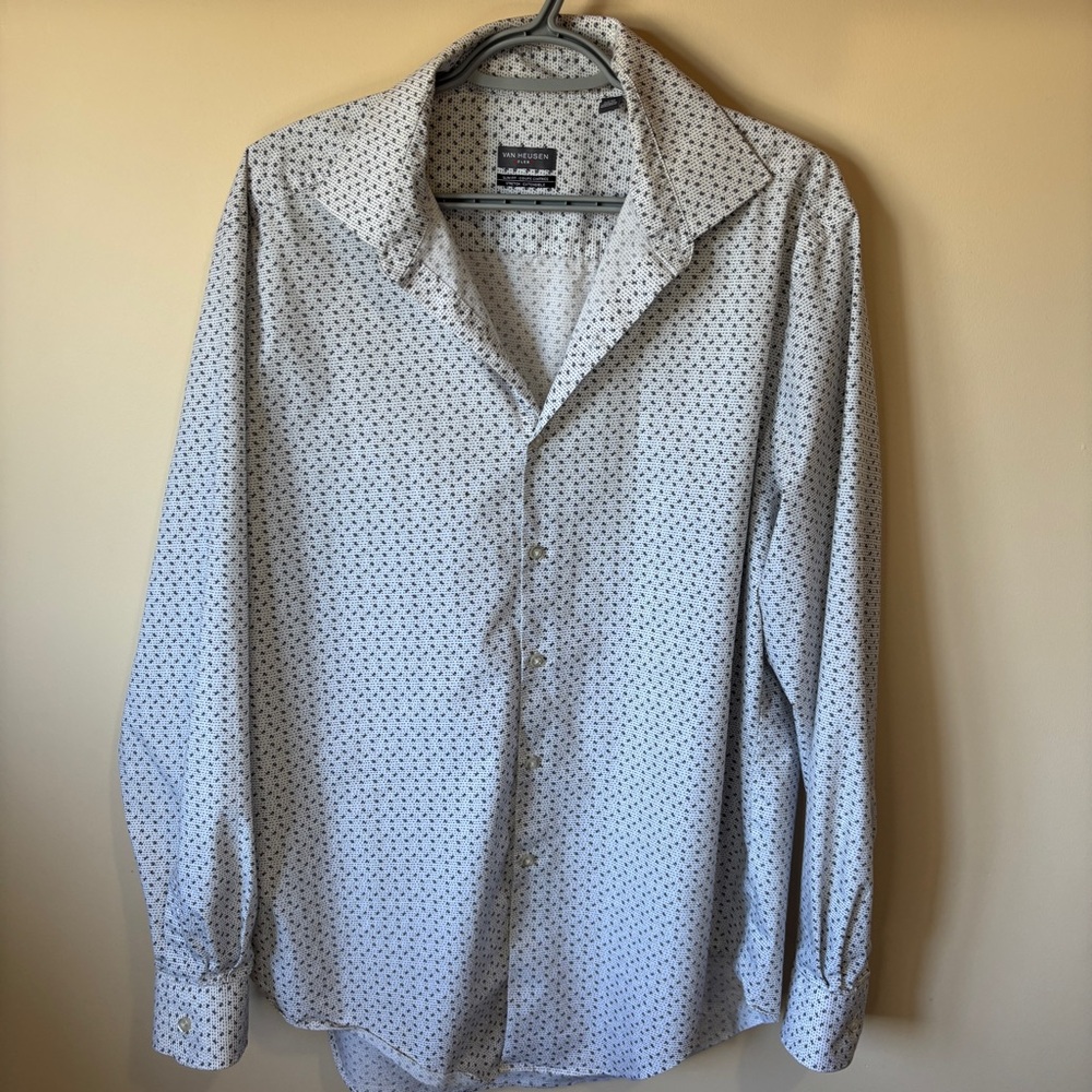 Van Heusen Men’s White Black Floral Casual Button Down Shirt Grad Party